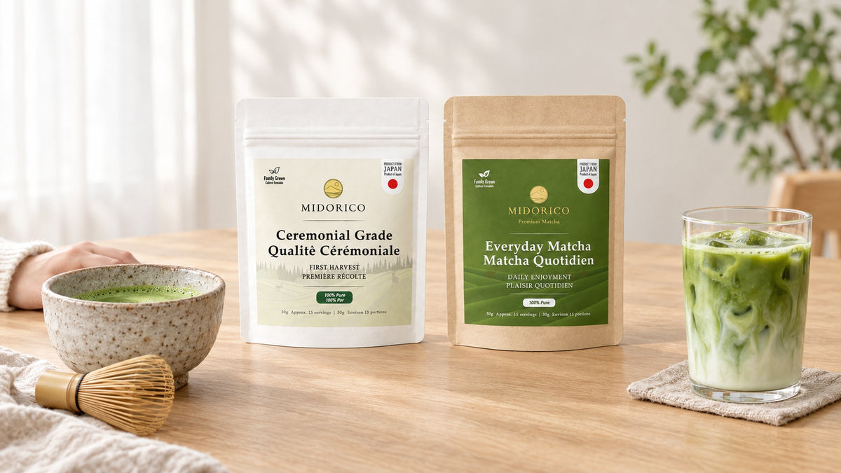 Midorico Ceremonial Grade and Everyday Matcha pouches side by side with a bowl of whisked matcha and an iced matcha latte