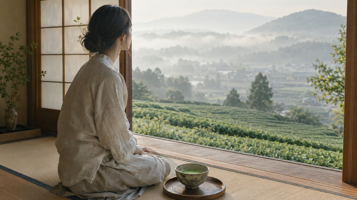 Woman in a traditional Japanese tea room looking out over misty green tea fields, with a bowl of matcha beside her