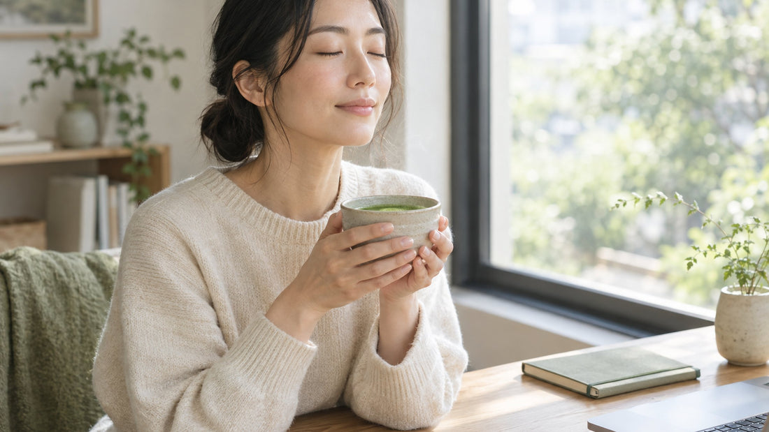 Woman with eyes closed calmly enjoying a bowl of matcha at a sunlit desk by the window