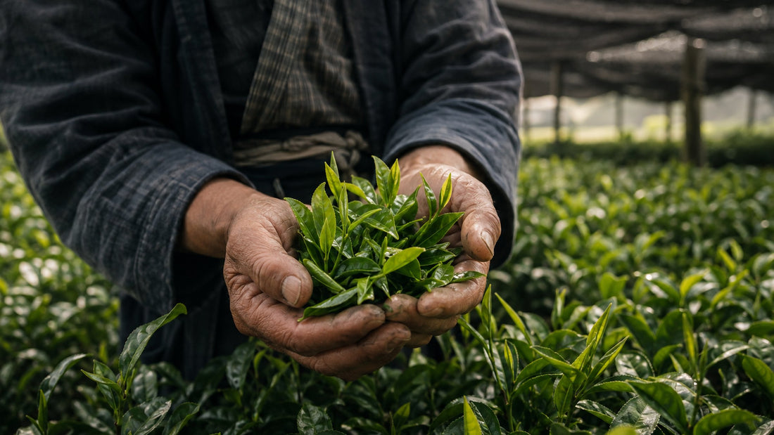 Japanese tea farmer holding freshly picked first harvest tea leaves in a shade-covered tea field