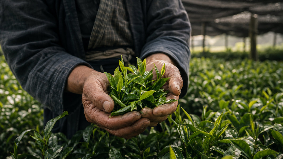 Japanese tea farmer holding freshly picked first harvest tea leaves in a shade-covered tea field