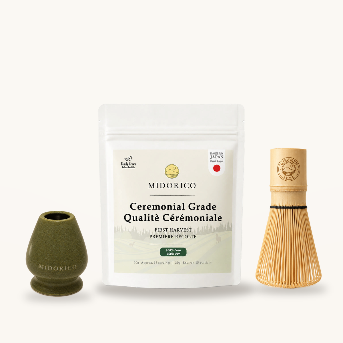 Ceremonial Matcha starter set with engraved bamboo whisk and Moss Jade green ceramic whisk holder