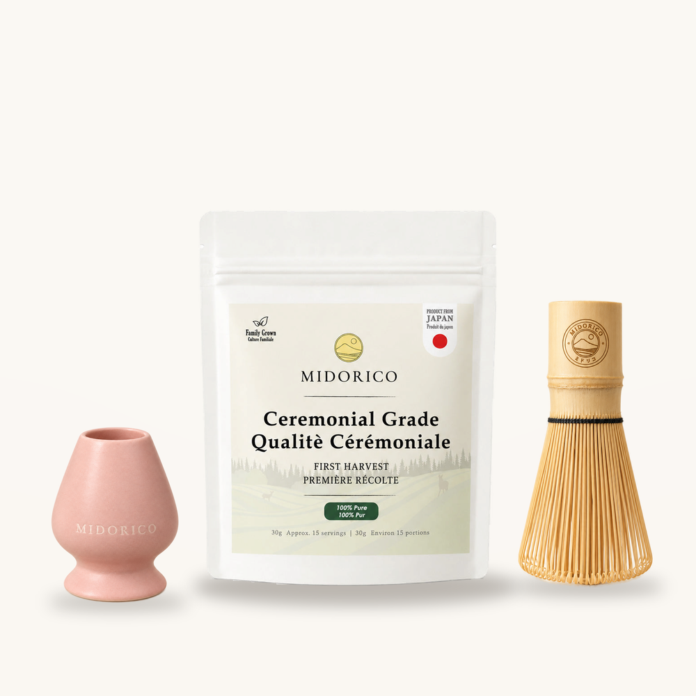 Ceremonial Matcha starter set with engraved bamboo whisk and Sakura Blush pink ceramic whisk holder