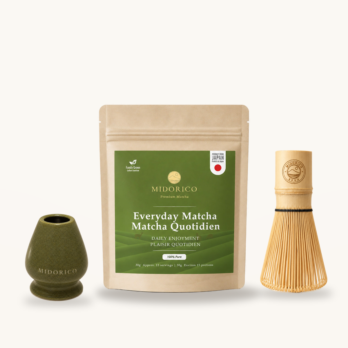 Everyday Matcha starter set with engraved bamboo whisk and Moss Jade green ceramic whisk holder