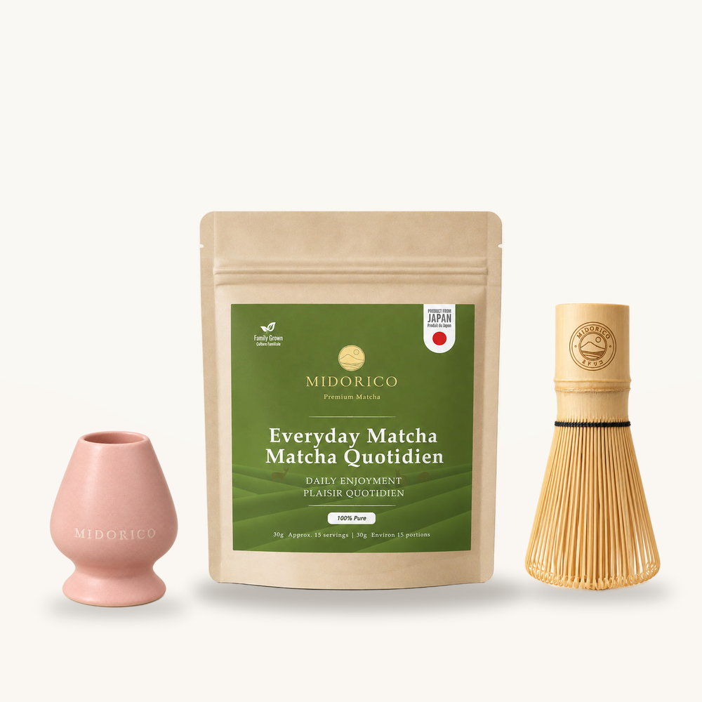 Everyday Matcha starter set with engraved bamboo whisk and Sakura Blush pink ceramic whisk holder