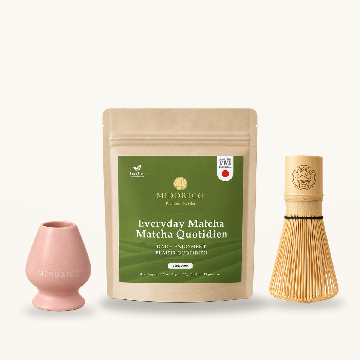 Everyday Matcha starter set with engraved bamboo whisk and Sakura Blush pink ceramic whisk holder