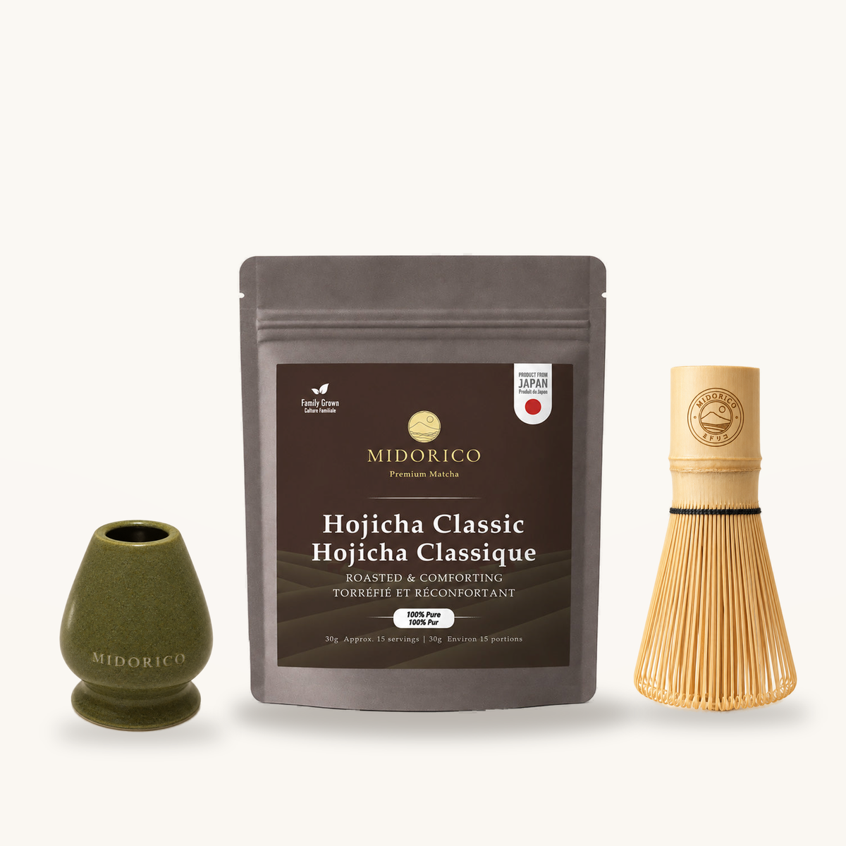 Hojicha starter set with engraved bamboo whisk and Moss Jade green ceramic whisk holder