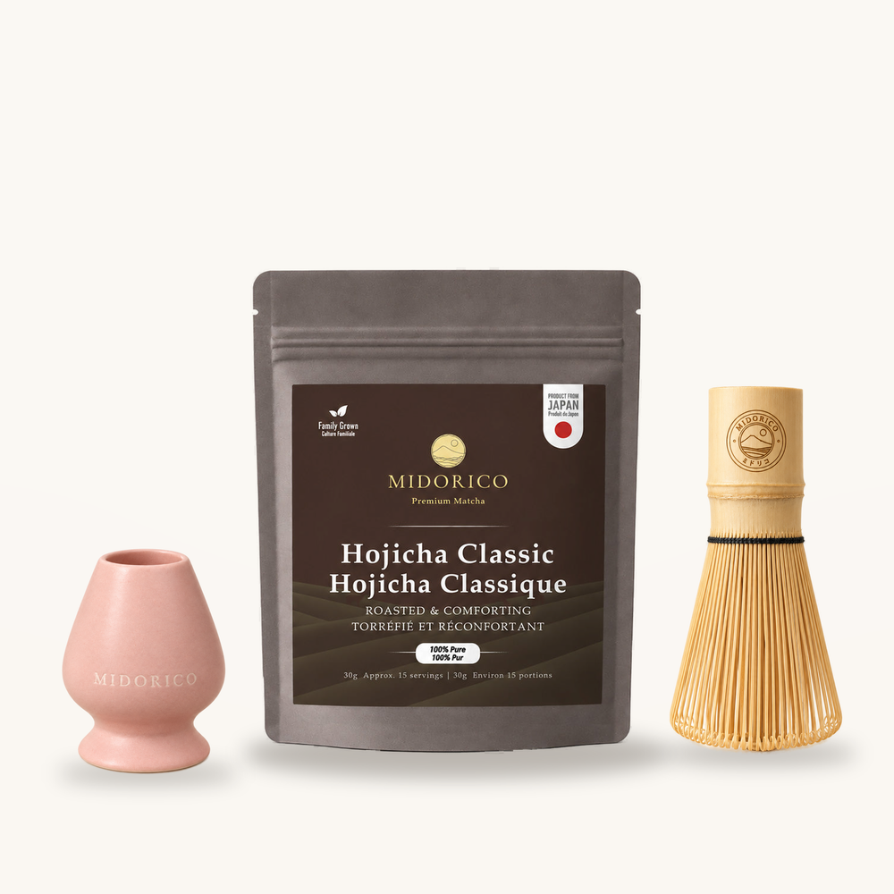 Hojicha starter set with engraved bamboo whisk and Sakura Blush pink ceramic whisk holder