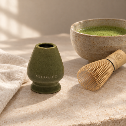 Moss Jade green engraved whisk holder styled beside matcha and a bamboo whisk; other items sold separately
