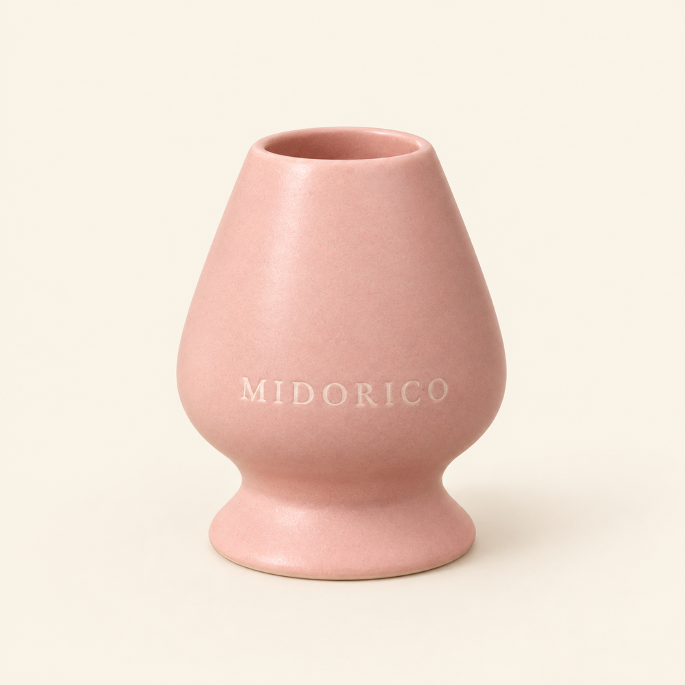 Midorico engraved ceramic matcha whisk holder in Sakura Blush pink, studio view