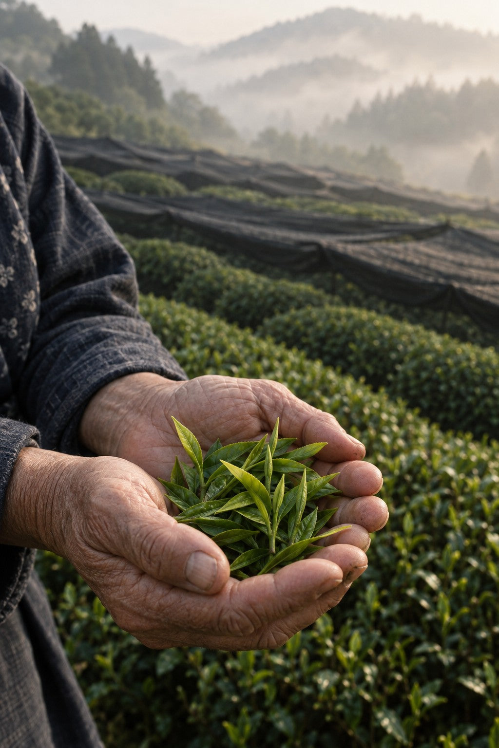 Japanese tea farmer's hands holding freshly picked first harvest tea leaves above shaded tea rows
