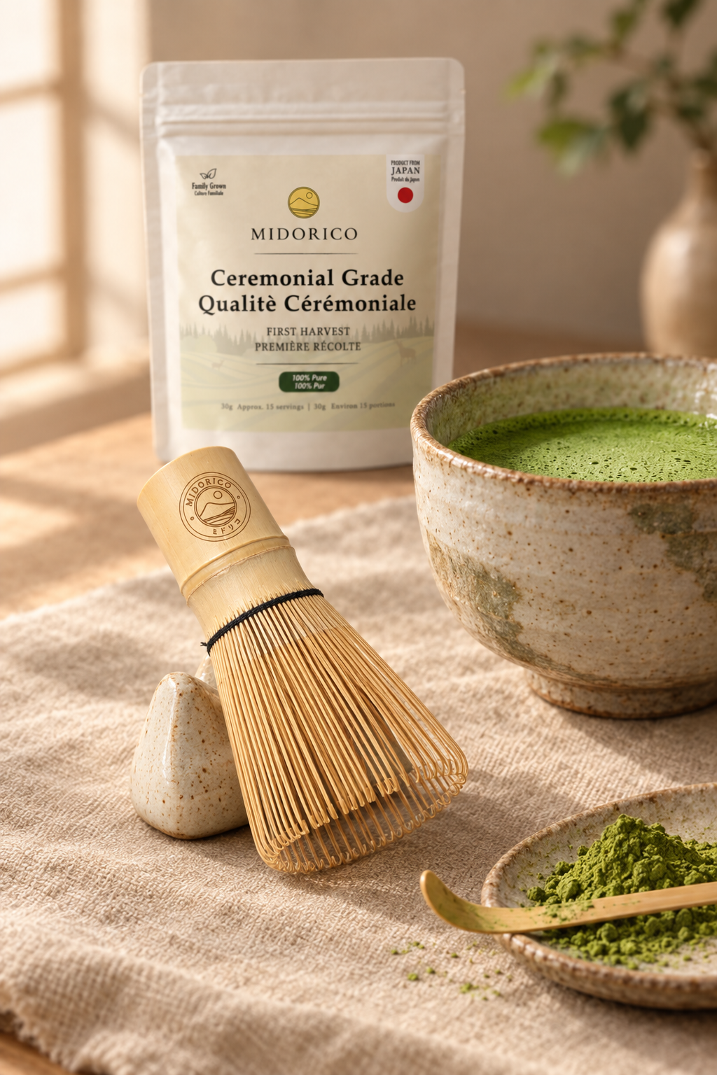 Engraved matcha whisk beside a bowl of frothed matcha and Midorico ceremonial matcha